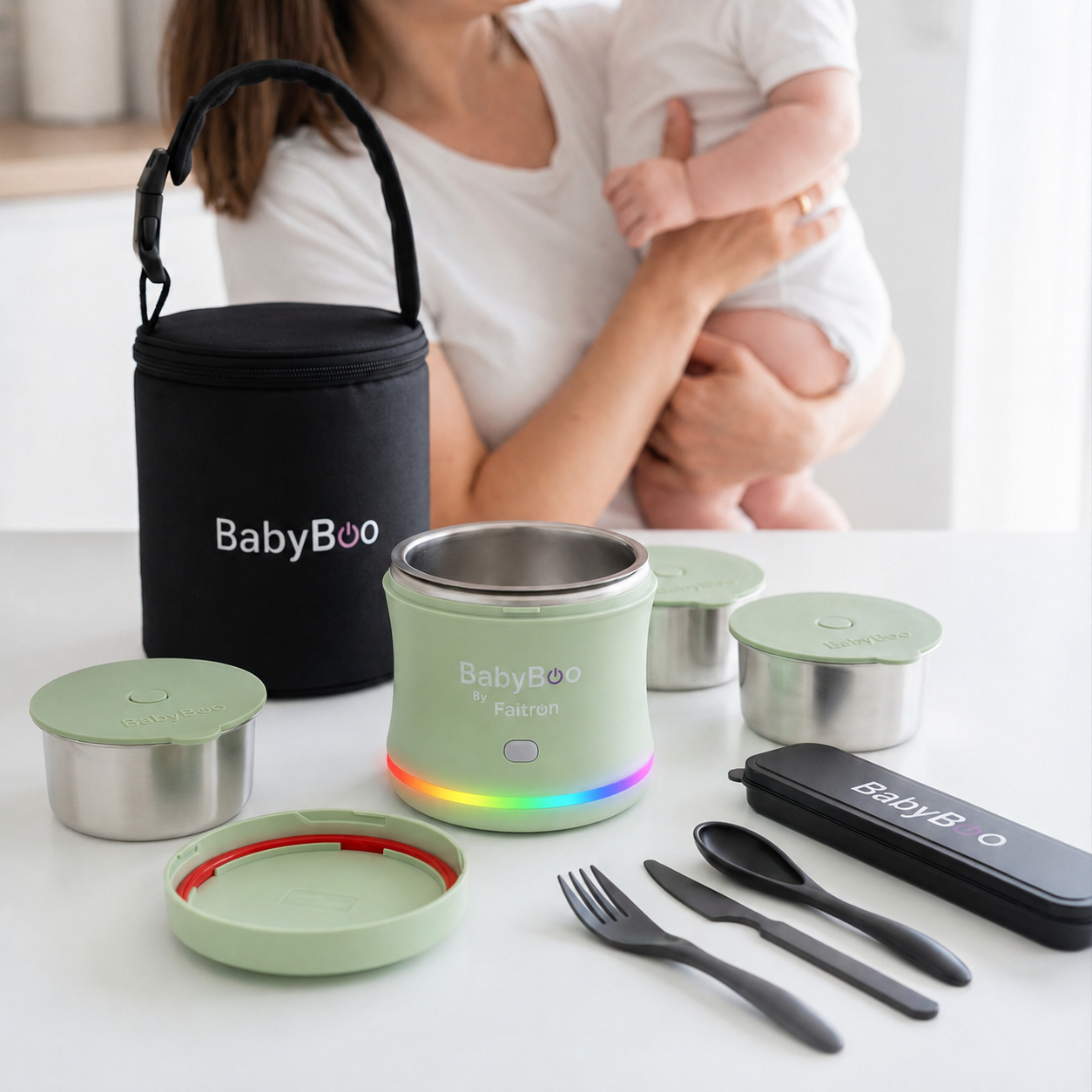 BabyBoo Essentials Bundle – Mobiler Babybreiwärmer für Unterwegs, Warm in 5 Minuten, Ohne Mikrowelle, Kabellos