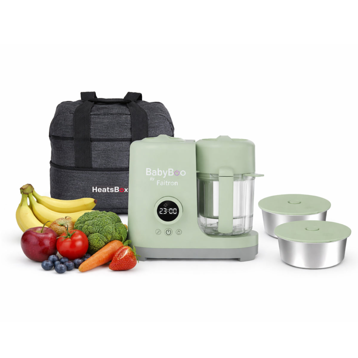 Pack Esenciales: BabyBoo Robot de cocina + 3x recipientes interiores + Carry Bag + Set de cubiertos