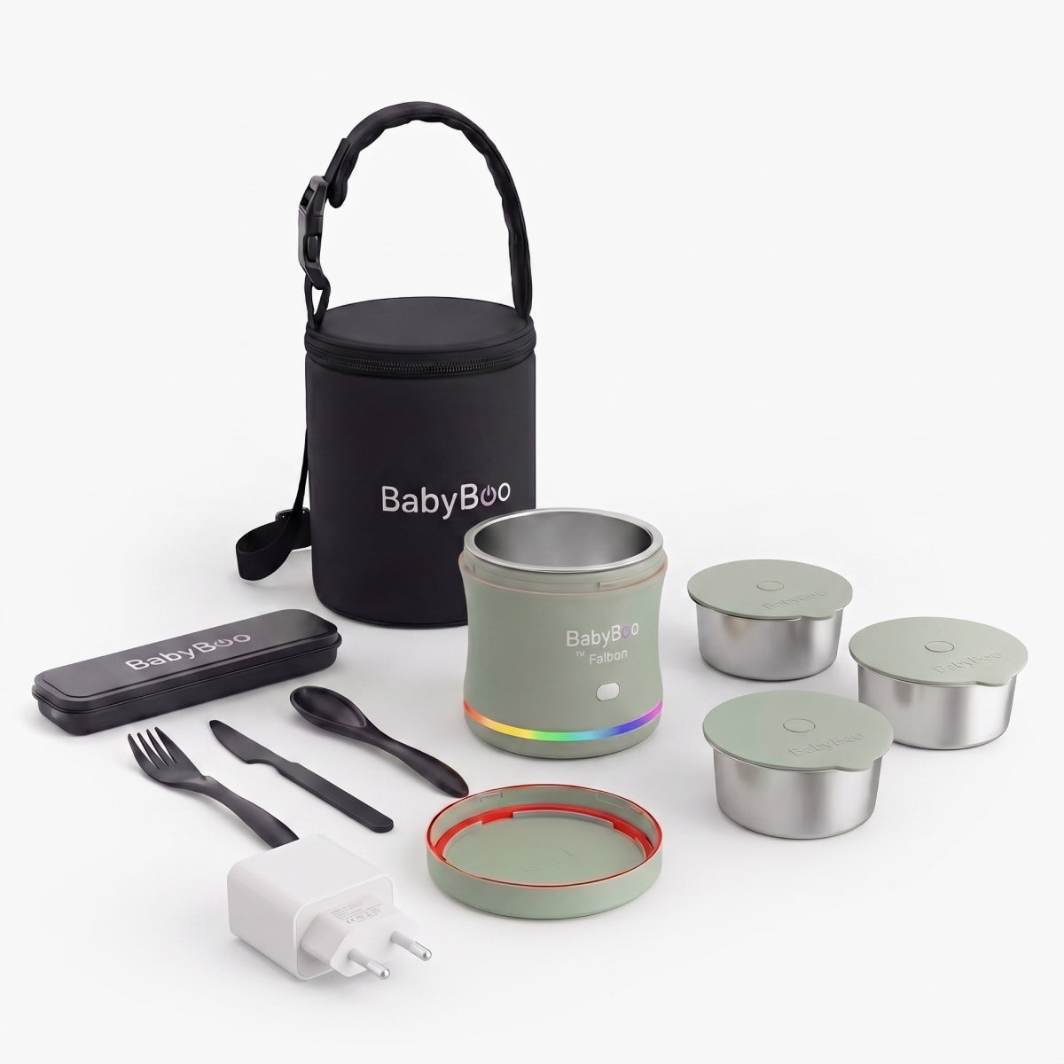 Bundle Essentials: Scaldapappa portatile neonato + 3x Contenitori interni + Carry Bag + Set di posate + Caricabatterie rapido