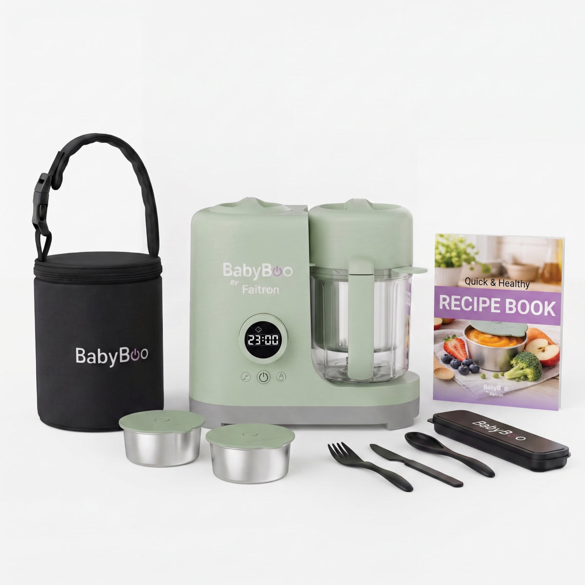 Bundle Essentials: Cuocipappa + 3x Contenitori interni + Carry Bag +Set di posate + Libro di ricette BabyBoo