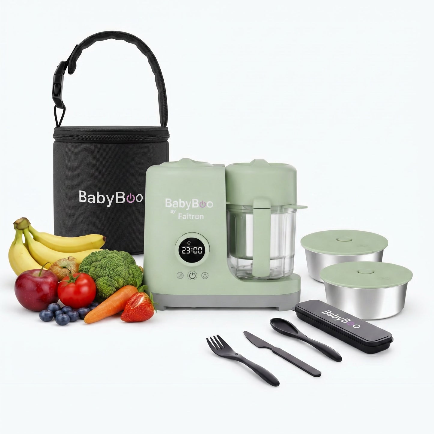 Pack Esenciales: BabyBoo Robot de cocina + 3x recipientes interiores + Carry Bag + Set de cubiertos