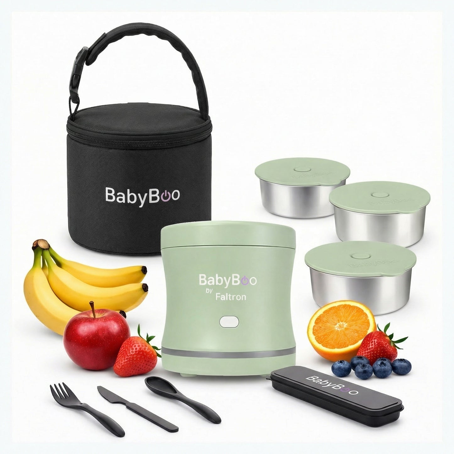 Pack Esenciales: BabyBoo Calentador de comida + 3x recipientes interiores + Carry Bag + Set de cubiertos