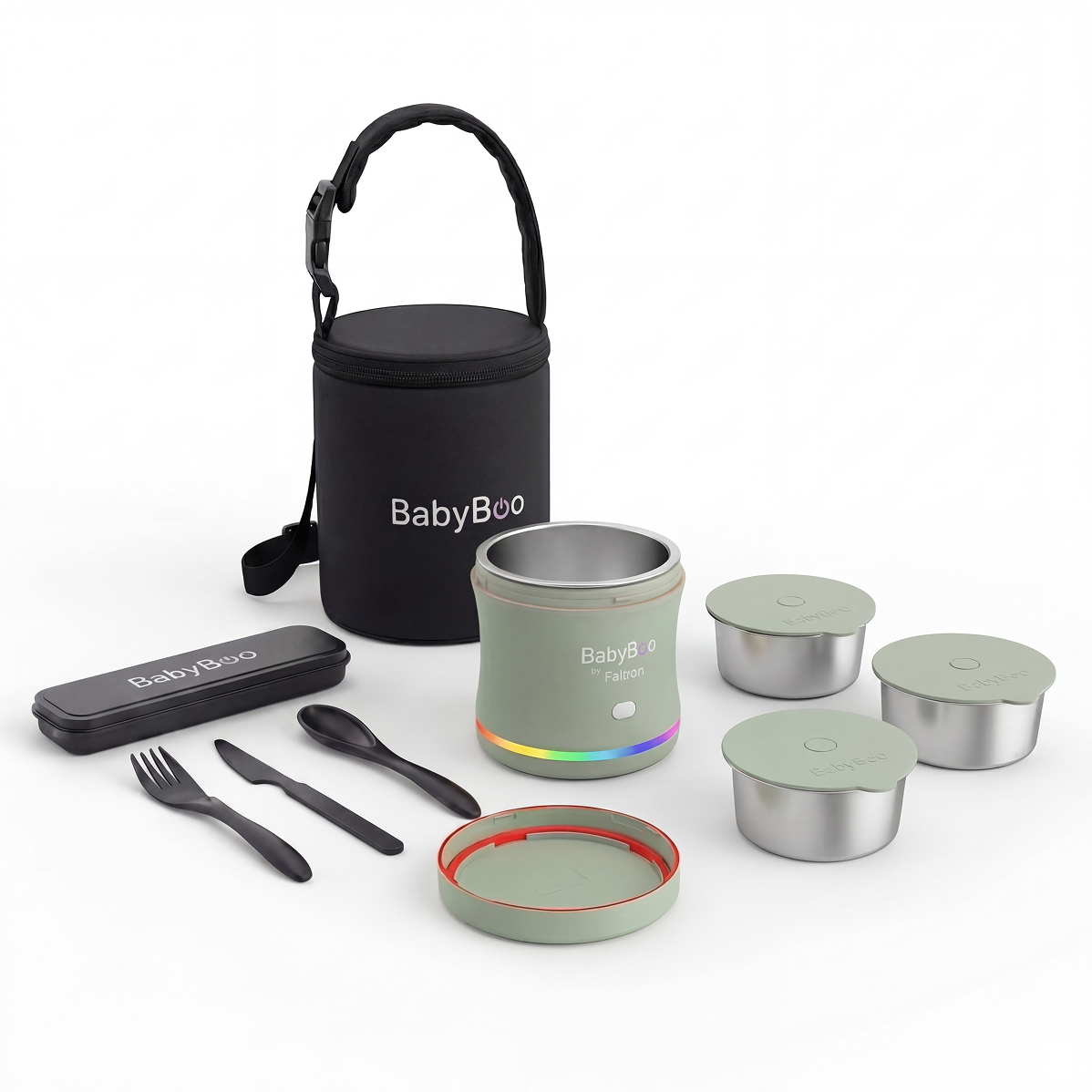 Pack Esenciales: BabyBoo Calentador de comida + 3x recipientes interiores + Carry Bag + Set de cubiertos